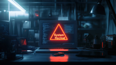 A dark office scene featuring a laptop displaying a red "System Hacked" warning. The environment highlights the themes of cybersecurity and digital threats, creating an atmosphere of tension and urgency.の素材