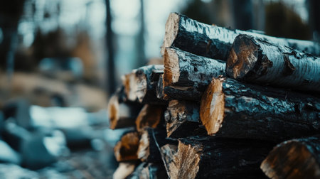 A serene scene of stacked logs in a forest, showcasing the intricate details of bark and wood grain. Ideal for nature-themed projects.の素材