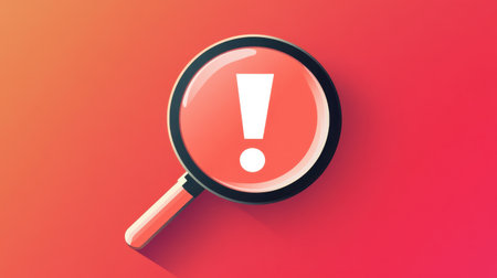A vibrant graphic illustration featuring a magnifying glass with an exclamation mark, symbolizing search, alert, and urgency in a colorful backdrop.の素材