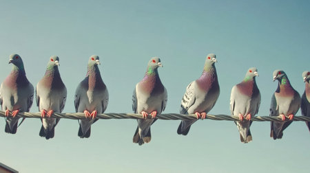 A group of colorful pigeons sits calmly on a wire against a vast blue sky, showcasing their vivid plumage and social nature in an urban setting.の素材