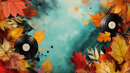 A captivating artistic background featuring vibrant autumn leaves and vinyl records. This design blends warm colors and musical elements to evoke a joyful atmosphere.の素材