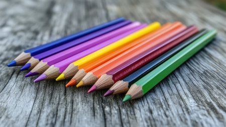 A collection of vibrant colored pencils neatly arranged on a weathered wooden surface, showcasing a delightful spectrum of colors ideal for art and creativity projects.の素材
