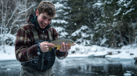 A joyful boy holds a freshly caught brown trout in a snowy landscape, showcasing the excitement of winter fishing. A perfect scene of childhood adventure and nature.の素材