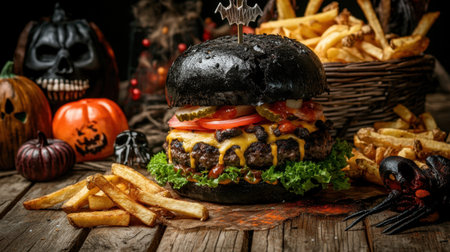 Discover a spooky Halloween feast featuring a gourmet burger with a black bun piled high with cheese, lettuce, and savory toppings, alongside crispy fries.の素材