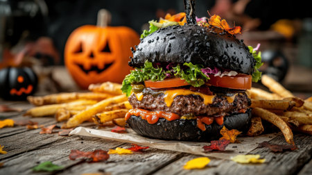 Delight in this spooky Halloween burger featuring a striking black bun, fresh ingredients, and festive decorations, perfect for autumn gatherings.の素材