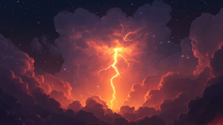 Witness a breathtaking display of nature's power with dramatic lightning illuminating colorful clouds during dusk, creating an awe-inspiring celestial scene.の素材