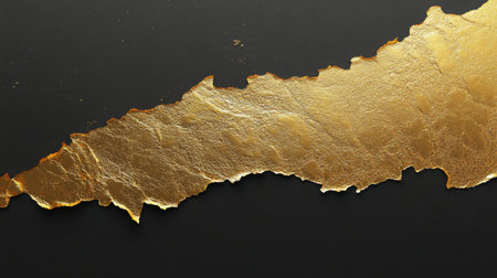 Captivating close-up of textured gold leaf on a deep black background, perfect for creating luxurious designs and artistic backgrounds in various projects.の素材