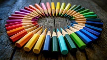 A stunning arrangement of colorful pencils forms a circular shape on a rustic wooden table, showcasing a vibrant display that inspires creativity and artistic expression.の素材