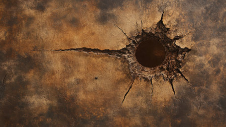 A detailed close-up of a cracked wall with a circular hole, showcasing rusty textures and earthy tones that evoke a sense of decay and weathering.の素材