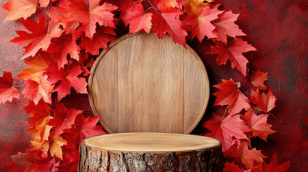A rustic wooden display set against vibrant autumn leaves and a rich red background, perfect for seasonal photography, home decor, and creative projects.の素材