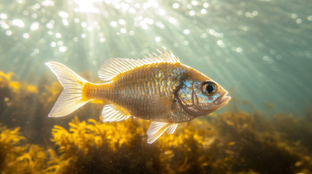 A vibrant freshwater fish swims gracefully through sunlit water, surrounded by aquatic plants. The serene underwater environment showcases nature's beauty and biodiversity.の素材