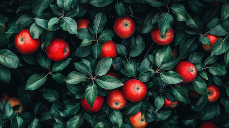A lush arrangement of fresh red apples nestled among vibrant green leaves, showcasing nature's bounty. Perfect for themes of health, gardening, and freshness.の素材