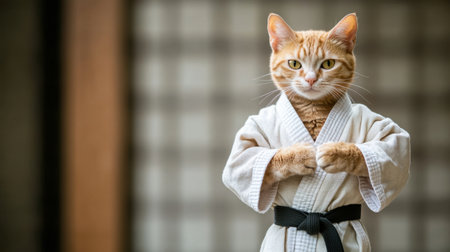 A charming orange cat dressed in a karate uniform with a black belt appears to practice martial arts. This adorable pet combines humor and playfulness in a fun indoor setting.の素材