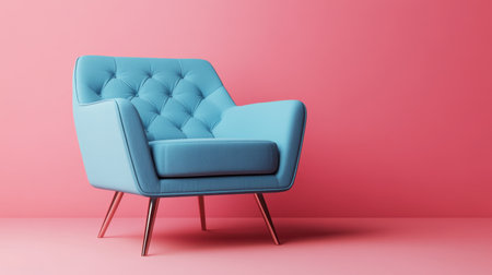 A chic blue armchair set against a bold pink wall, creating a striking visual contrast in modern interior design. Perfect for stylish living spaces.の素材