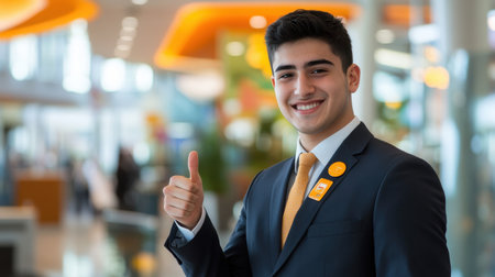 A confident young man in a tailored suit gives a thumbs-up gesture, exuding positivity and professionalism in a bright, modern office setting.の素材