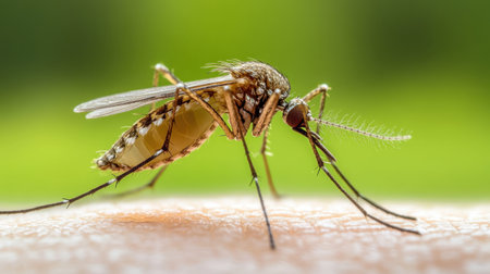 This close-up image depicts a mosquito feeding on human skin, showcasing intricate details of its anatomy. The vibrant green background highlights its natural habitat.の素材