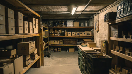 An organized storage room featuring wooden shelves filled with boxes and containers. The industrial space is well-lit, creating an efficient storage environment.の素材