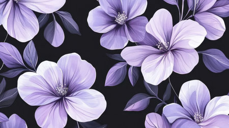A stunning floral design featuring elegant purple flowers against a striking black background. Perfect for home decor, fashion, or artistic projects.の素材