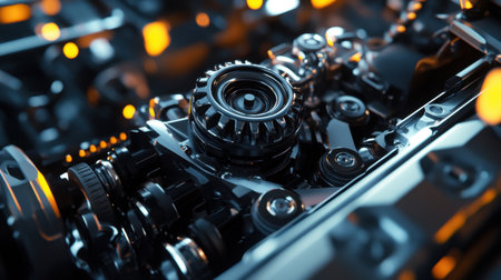 This close-up image showcases intricate engine gears and mechanical components, highlighting precision and detail of modern machinery and technology.の素材