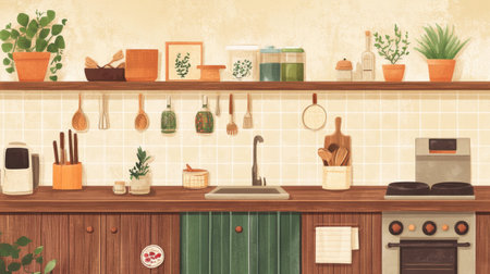 Bright and inviting modern kitchen interior featuring minimalist decor and lush greenery. A harmonious blend of colors, textures, and organization enhances the cooking space.の素材