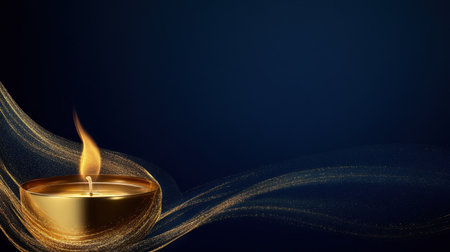 A stunning image of an elegant golden candle with a flickering flame set against a dark backdrop, creating a serene and peaceful ambiance perfect for relaxation.の素材