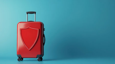 A vibrant red travel suitcase featuring a shield symbol stands against a blue background, representing security and adventure for any journey ahead.の素材