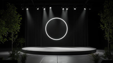 This minimalistic stage features a prominent circular light against a dark backdrop, creating a tranquil and artistic atmosphere ideal for performances or presentations.の素材