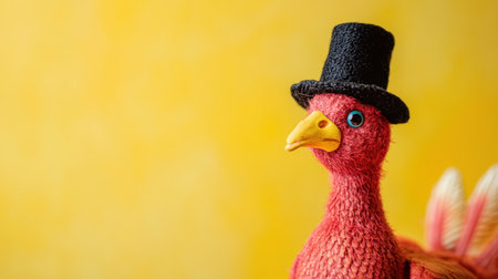 This charming bird figurine features a vibrant design with a top hat, set against a bright yellow background. Perfect for adding whimsy to any space.の素材