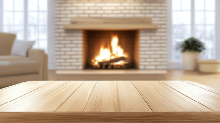 A cozy living room scene showcases a wooden table in focus, with a softly blurred fireplace in the background. The warm ambiance invites relaxation and comfort.の素材