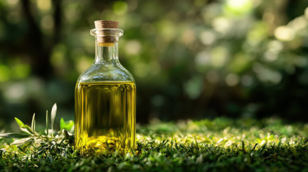 A beautiful glass bottle filled with olive oil rests on vibrant green grass, surrounded by nature. Perfect for culinary, health, and lifestyle themes.の素材