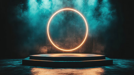 This image features a glowing circular light set against a misty background, creating a captivating atmosphere perfect for performance art or stage design.の素材
