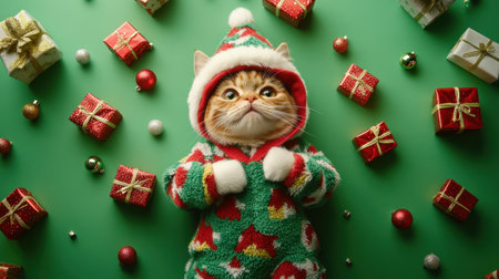 This charming image features an adorable cat in a cozy Christmas sweater, surrounded by colorful gifts. The festive atmosphere captures the joy of the holiday season.の素材