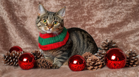 A charming cat wearing a festive sweater poses among red ornaments and pine cones, creating a delightful holiday scene perfect for winter photography.の素材