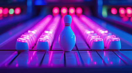 Vivid bowling alley scene featuring a striking composition of neon lights and a single bowling pin, creating a vibrant and energetic atmosphere for fun and leisure activities.の素材