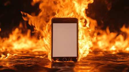 A striking image of a smartphone engulfed in flames, showcasing the intense heat and chaos of a fire. The device stands out amid a fiery backdrop, capturing the essence of danger and destruction in technology.の素材