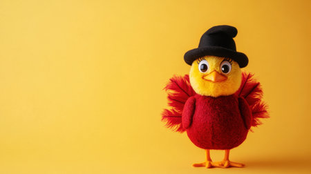 This charming bird character features a bright yellow body and red wings, topped off with a stylish black hat. Perfect for cheerful designs.の素材