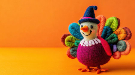 This whimsical felt bird figure features vibrant yarn feathers and a playful expression, perfect for festive decor or as a charming gift for craft lovers.の素材