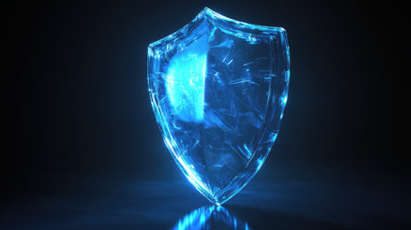 This digital illustration features a futuristic blue shield design, glowing with a captivating light against a dark backdrop, symbolizing strength and protection.の素材