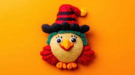 This vibrant felt bird features a playful expression, adorned with a whimsical hat, set against a bright orange backdrop, perfect for festive themes.の素材