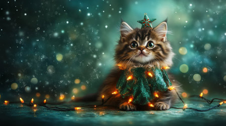 This captivating image features an adorable kitten adorned with festive decorations and Christmas lights, evoking warmth and joy of the holiday season.の素材