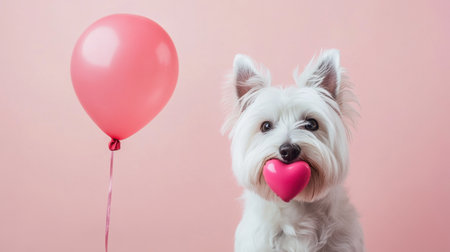 A charming white dog with a heart-shaped toy in its mouth poses next to a pink balloon against a soft background, radiating joy and playfulness.の素材