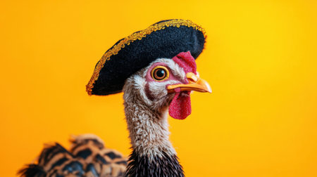 A humorous close-up of a chicken wearing a decorative black hat, showcasing its playful expression against a vivid yellow backdrop. Perfect for creative projects!の素材