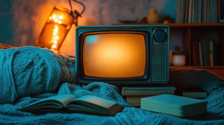 A cozy and inviting living room scene featuring a vintage television, warm lighting, a soft knitted blanket, and a stack of books, creating a peaceful atmosphere.の素材