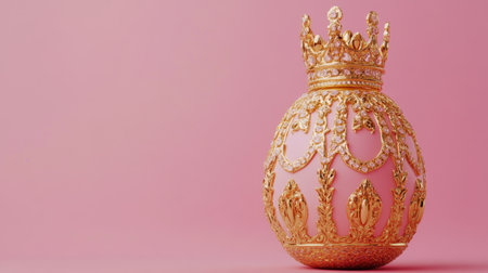 This beautiful decorative egg features intricate gold detailing and a crown, set against a soft pink background, enhancing its luxurious and elegant appeal.の素材