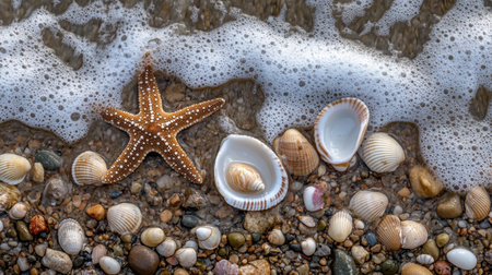 A stunning view of a starfish and various seashells resting on a sandy beach, with gentle waves lapping at the shore. Perfect for nature lovers.の素材