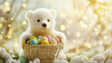 A delightful polar bear cub holds a basket of colorful Easter eggs, surrounded by a soft spring landscape. Perfect for celebrating the season of joy and renewal.の素材