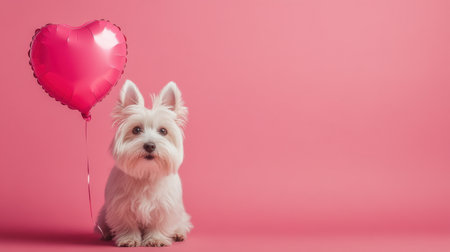 A cute white dog sitting gracefully next to a pink heart-shaped balloon on a vibrant pink background, capturing the essence of joy and love in a playful setting.の素材