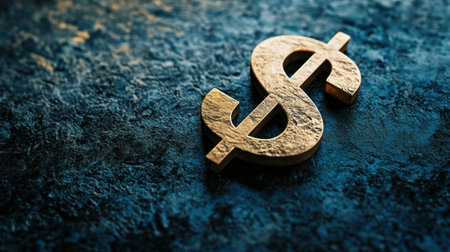 A close-up of a golden dollar symbol placed on a textured blue surface. This image captures the essence of finance, wealth, and economic growth.の素材