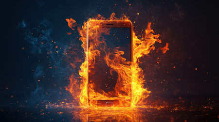 A dramatic image of a smartphone engulfed in vibrant flames, showcasing the clash of orange fire and blue smoke against a dark background, symbolizing technology and energy.の素材