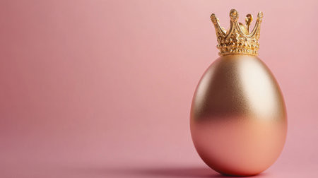 A luxurious golden crown rests atop an elegant egg against a soft pink background, symbolizing royalty and celebration, perfect for festive designs and seasonal inspiration.の素材
